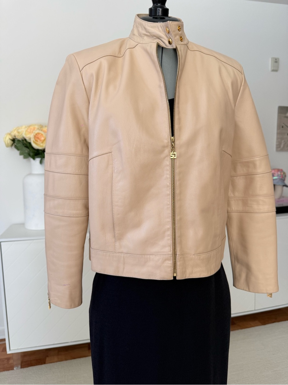 St. John Sport by Marie Gray Cream-Tan Leather Zip Jacket